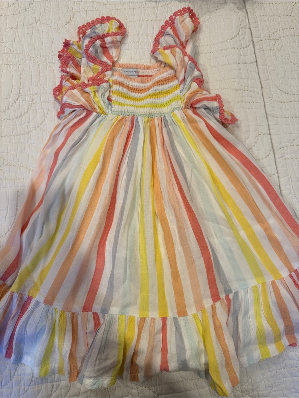 Tahari Kids Pastel Rainbow Stripe Ruffle Dress - Yellow, Pink, Orange, Blue